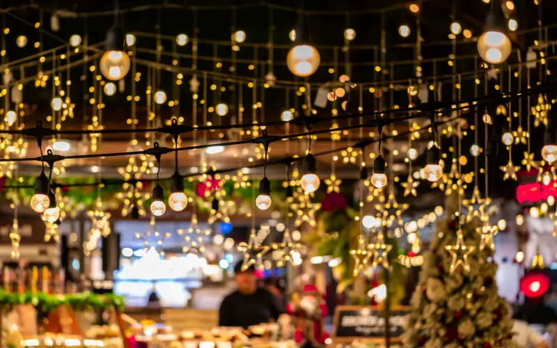 Twinkling lights and holiday decor at Swiss Christmas market