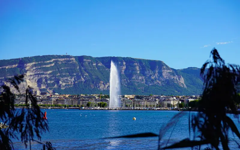 a view of the Jet d'Eau, one of Geneva's most famous landmarks