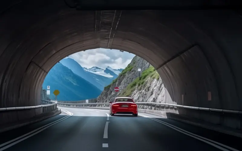 Car exiting mountain tunnel