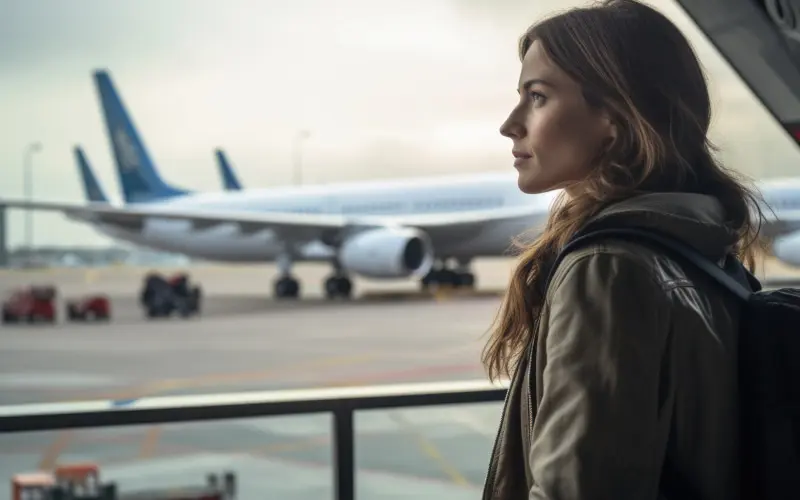 Woman at airport watching planes