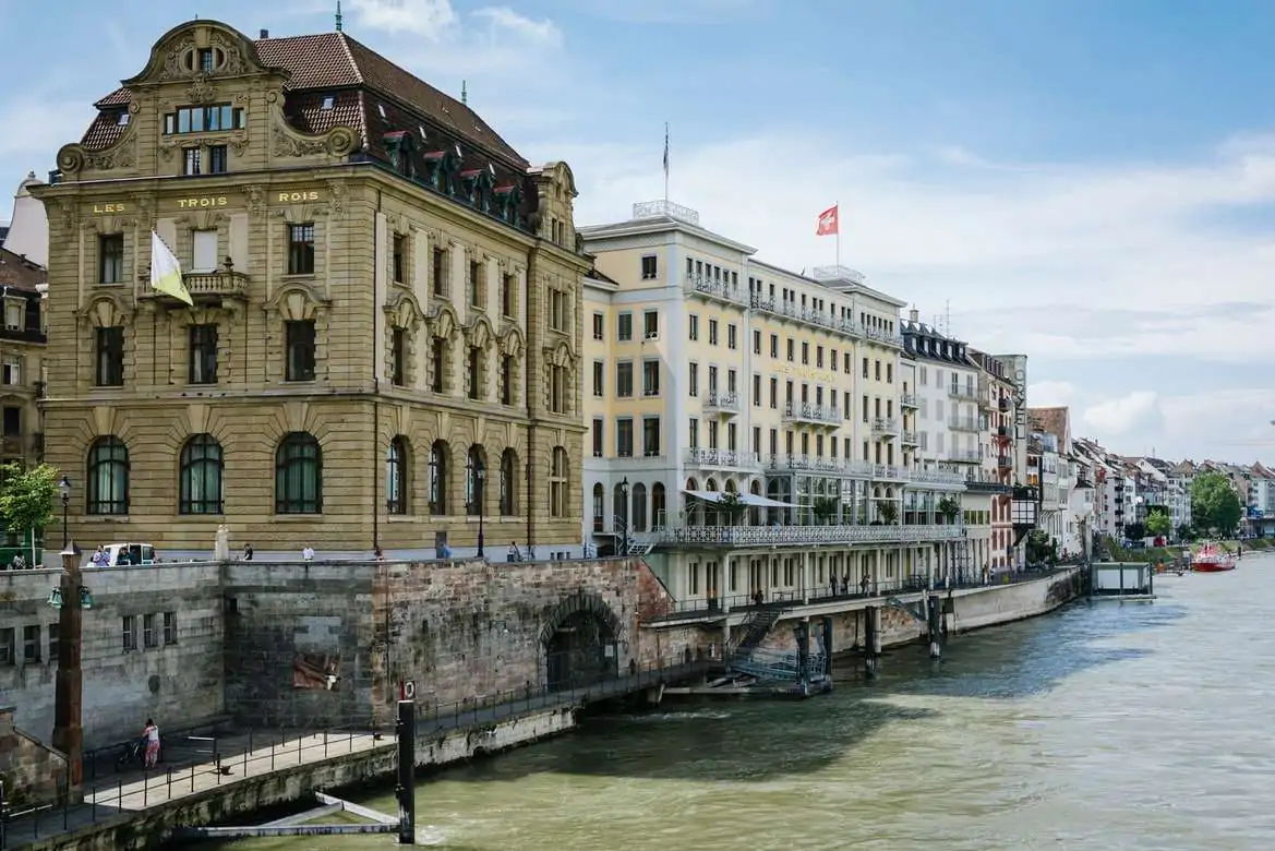 Hotel Les Troi Rois overlooks the Rhine River in Basel, Switzerland